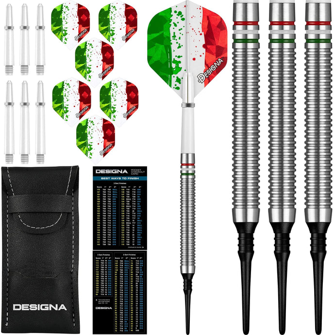 Designa 20g 90% Tungsten, Italy Italian Flag Red White & Green Patriot X Soft Tip Dart Set