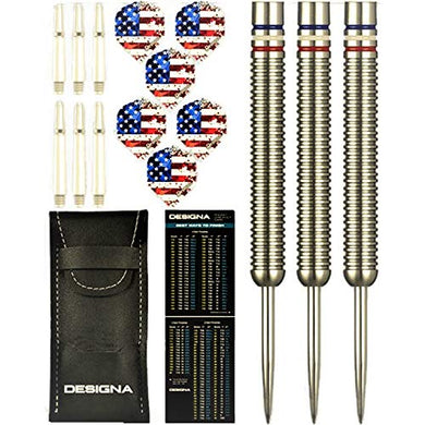 Designa 22g 90% Tungsten American Flag Stars & Stripes Patriot X Steel Tip Dart Set, Red White & Blue, Flights & Shafts Included (2 Sets Each), w/Travel Case, 22 Grams
