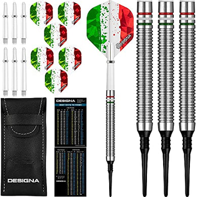 Designa 20g 90% Tungsten, Italy Italian Flag Red White & Green Patriot X Soft Tip Dart Set, Flights & Shafts Included (2 Sets Each), w/Travel Case, 20 Grams