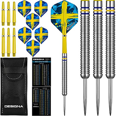 22g 90% Tungsten Flag of Sweden Patriot X Steel Tip Dart Set, Flights & Shafts Included (2 Sets Each), w/Travel Case, 22 Grams